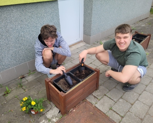 děti ze třídy D osázely truhlíky a vyzkoušely práci s rostlinami