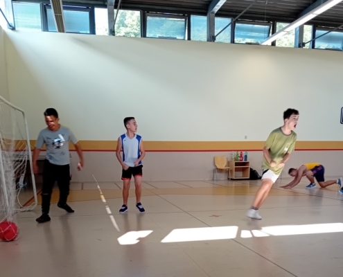 nejprve kluci rozcvičili, zaběhali si a pak míčem trefovali do basketbalového koše