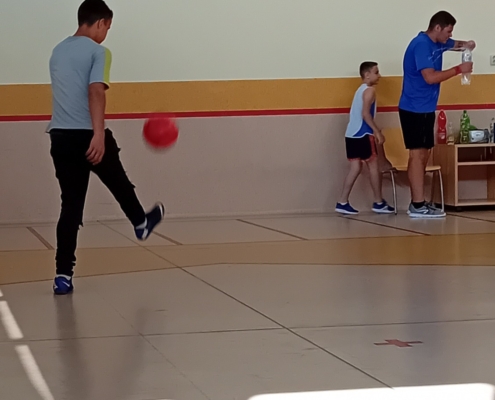 nejprve kluci rozcvičili, zaběhali si a pak míčem trefovali do basketbalového koše