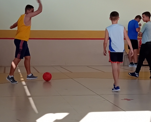 nejprve kluci rozcvičili, zaběhali si a pak míčem trefovali do basketbalového koše