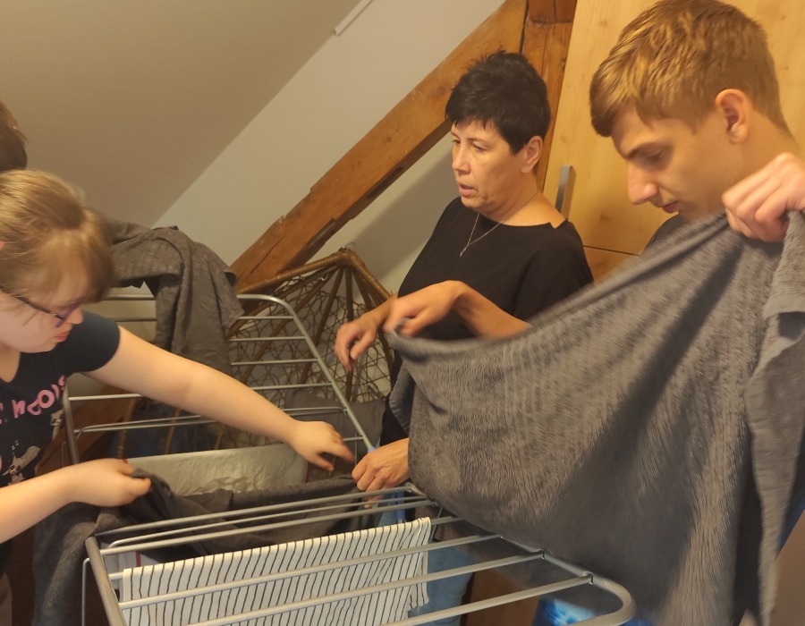 praní prádla, věšení prádla a ukládání ručníků
