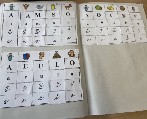 procvičování čtení, hra s písmenky, stříhání, skládání slabik a slov