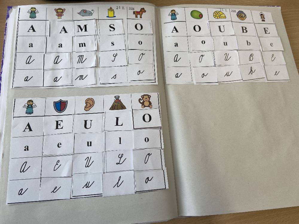 procvičování čtení, hra s písmenky, stříhání, skládání slabik a slov